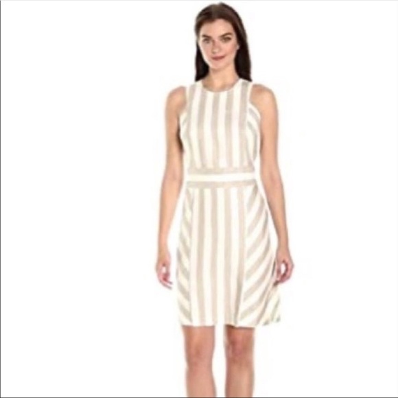 Sharagano size 4 tan & white striped shift dress - Picture 1 of 8